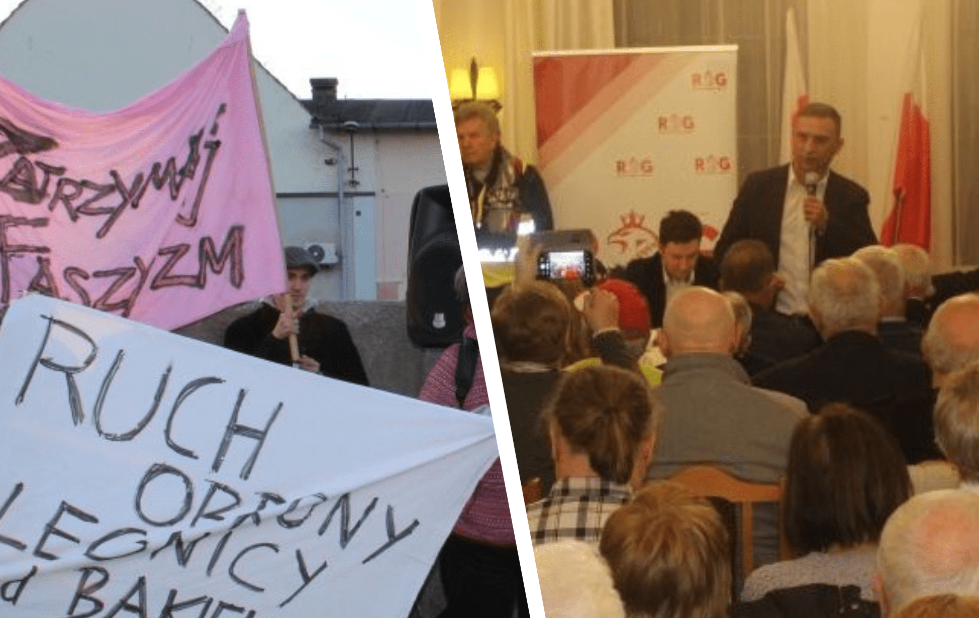 Wizyta Roberta Bąkiewicza w Legnicy. Transparenty, ostre słowa i policyjna obstawa